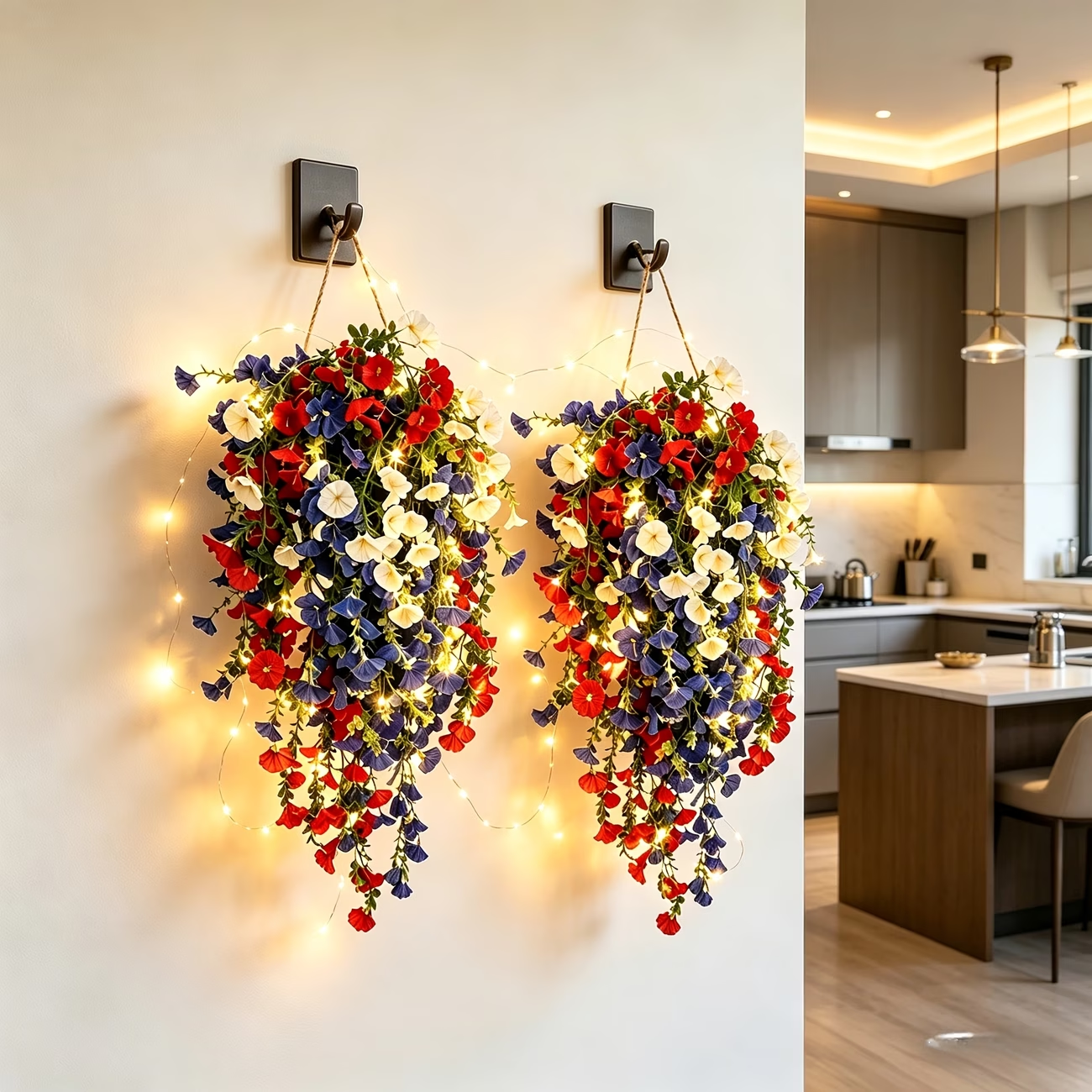 4th of July Decoration Tricolor Patriotic Artificial Flower with 3M LED light string.warm light Color.Button Remote Control