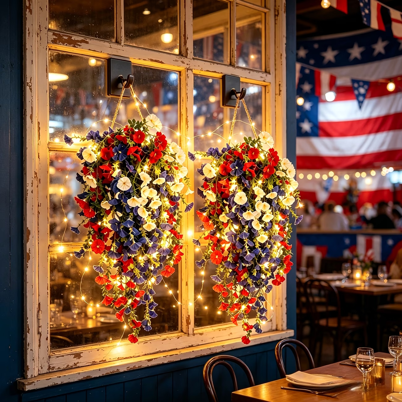 4th of July Decoration Tricolor Patriotic Artificial Flower with 3M LED light string.warm light Color.Button Remote Control