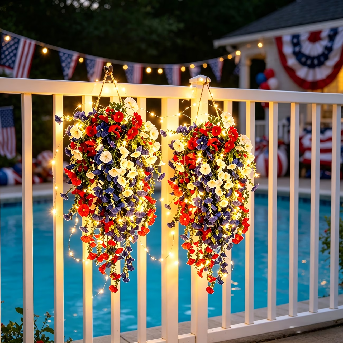 4th of July Decoration Tricolor Patriotic Artificial Flower with 3M LED light string.warm light Color.Button Remote Control