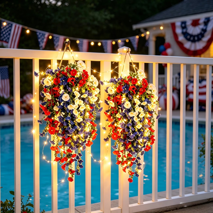 4th of July Decoration Tricolor Patriotic Artificial Flower with 3M LED light string.warm light Color.Button Remote Control