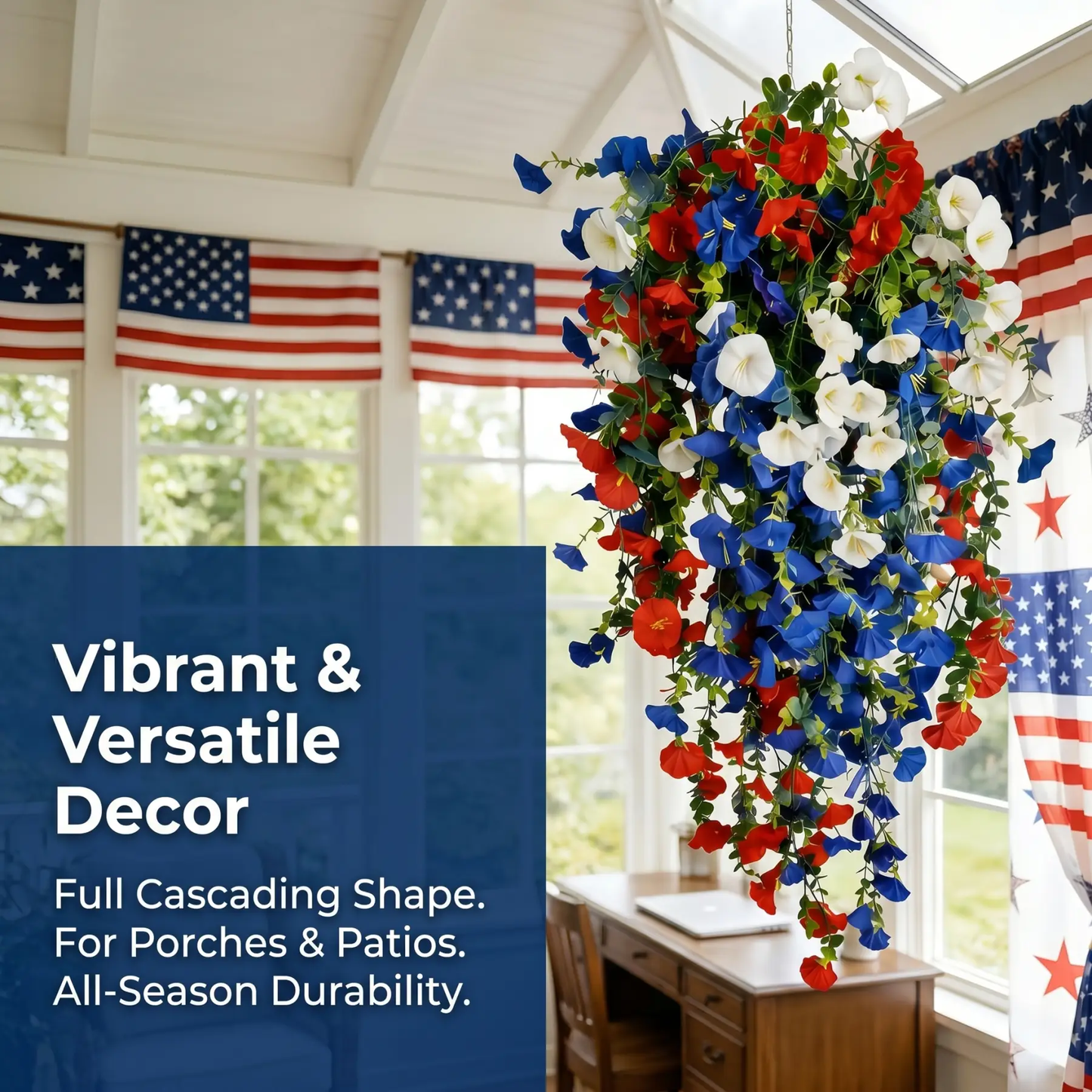 4th of July Decoration Tricolor Patriotic Artificial Flower with 3M LED light string.warm light Color.Button Remote Control