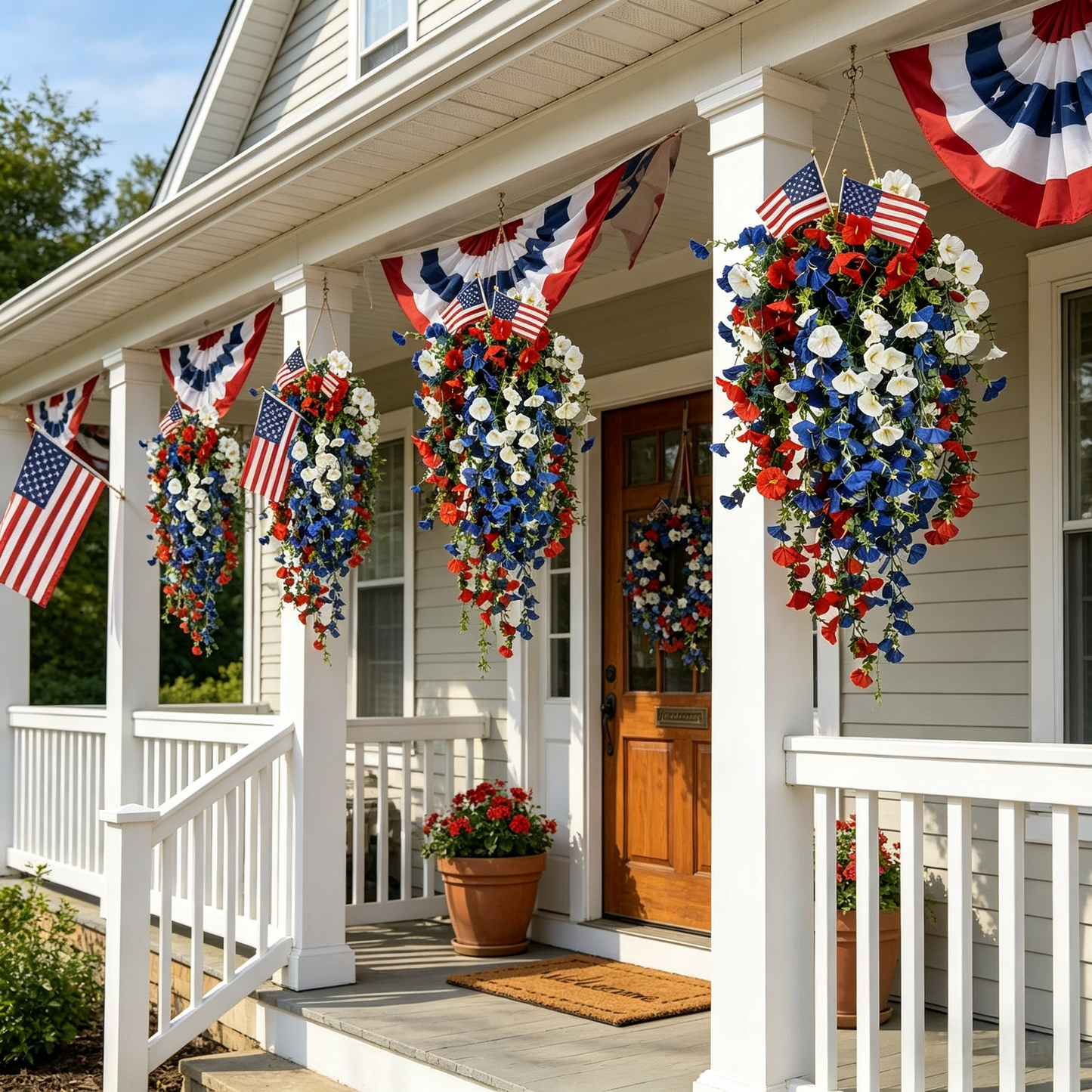 4th of July Decoration Tricolor Patriotic Artificial Flower with 3M LED light string.warm light Color.Button Remote Control