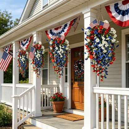 4th of July Decoration Tricolor Patriotic Artificial Flower with 3M LED light string.warm light Color.Button Remote Control