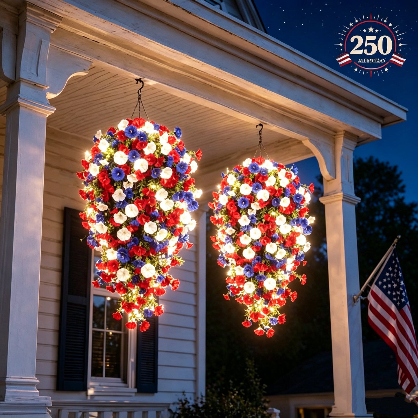 4th of July Decoration Tricolor Patriotic Artificial Flower with 3M LED light string.warm light Color.Button Remote Control