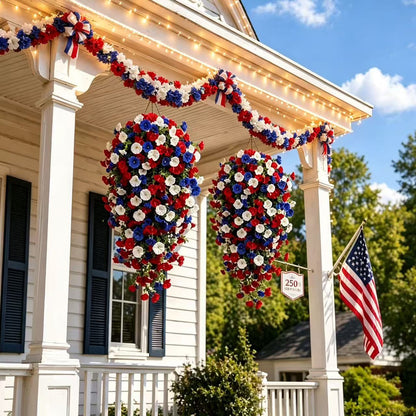 4th of July Decoration Tricolor Patriotic Artificial Flower with 3M LED light string.warm light Color.Button Remote Control