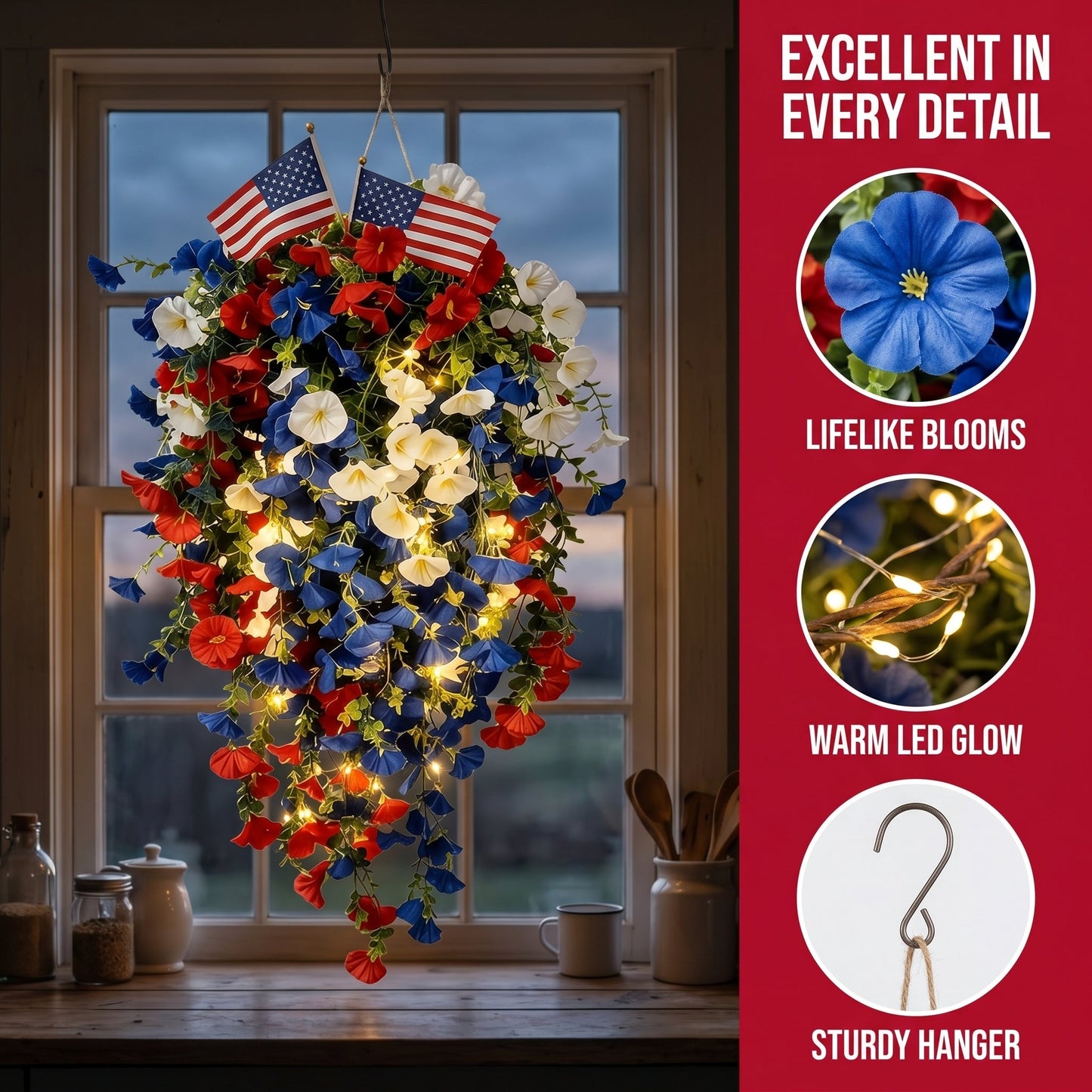 4th of July Decoration Tricolor Patriotic Artificial Flower with 3M LED light string.warm light Color.Button Remote Control