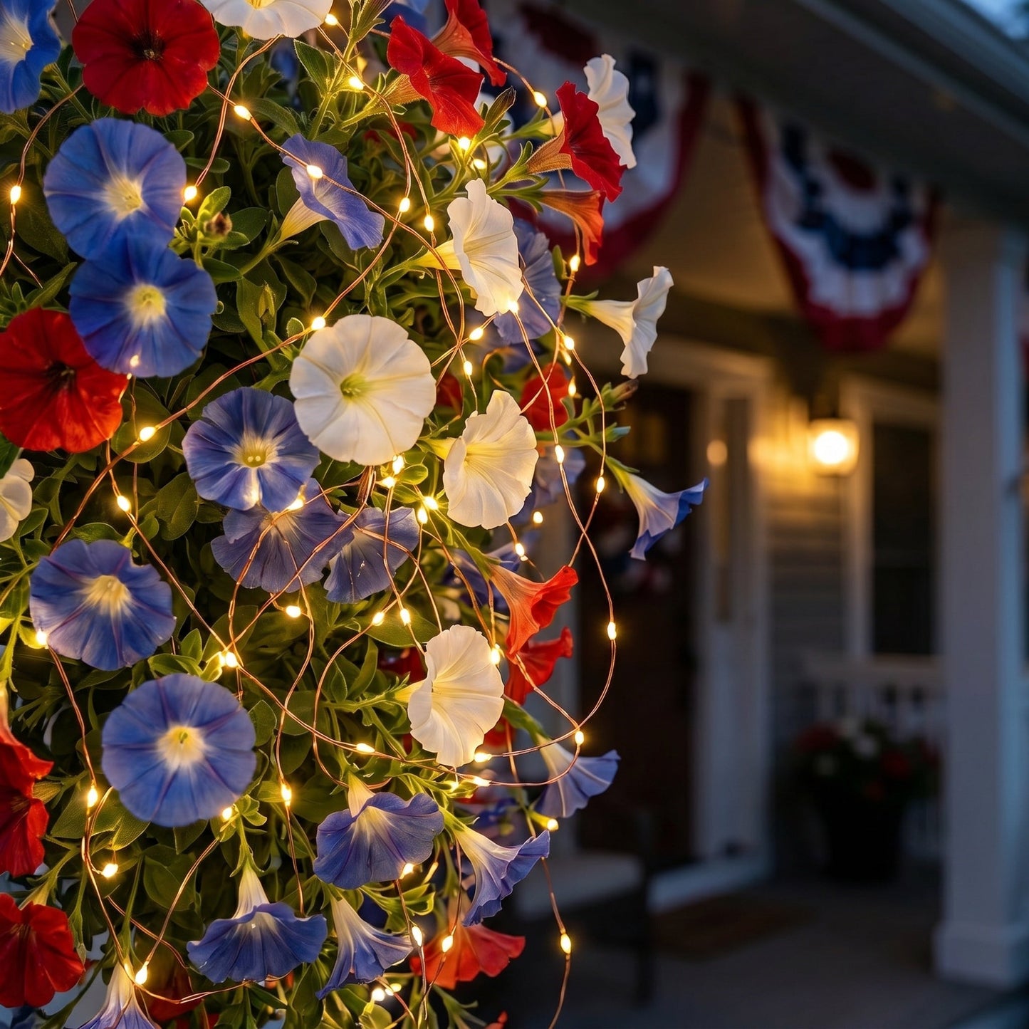 4th of July Decoration Tricolor Patriotic Artificial Flower with 3M LED light string.warm light Color.Button Remote Control