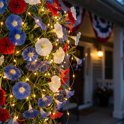 4th of July Decoration Tricolor Patriotic Artificial Flower with 3M LED light string.warm light Color.Button Remote Control