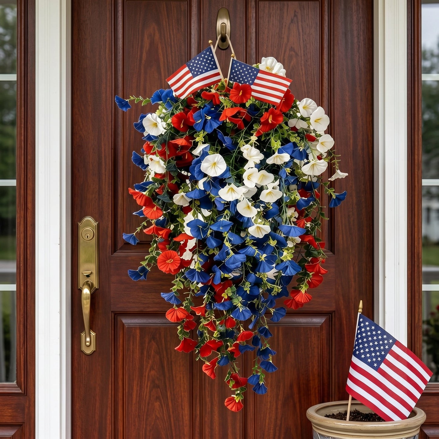 4th of July Decoration Tricolor Patriotic Artificial Flower with 3M LED light string.warm light Color.Button Remote Control