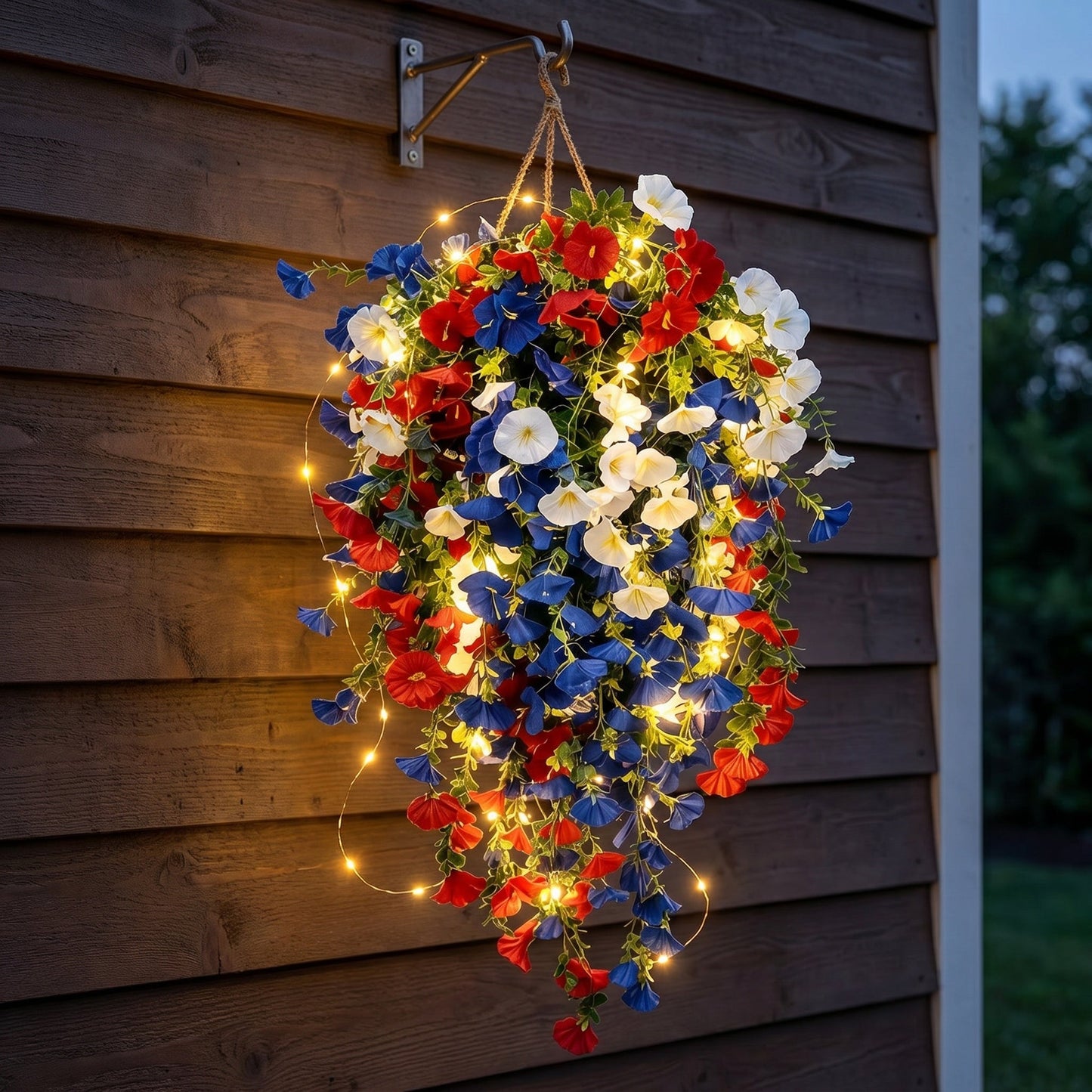 4th of July Decoration Tricolor Patriotic Artificial Flower with 3M LED light string.warm light Color.Button Remote Control
