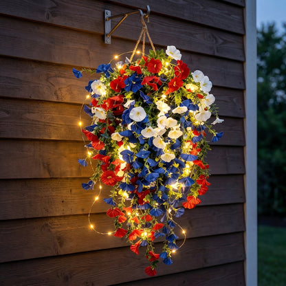 4th of July Decoration Tricolor Patriotic Artificial Flower with 3M LED light string.warm light Color.Button Remote Control