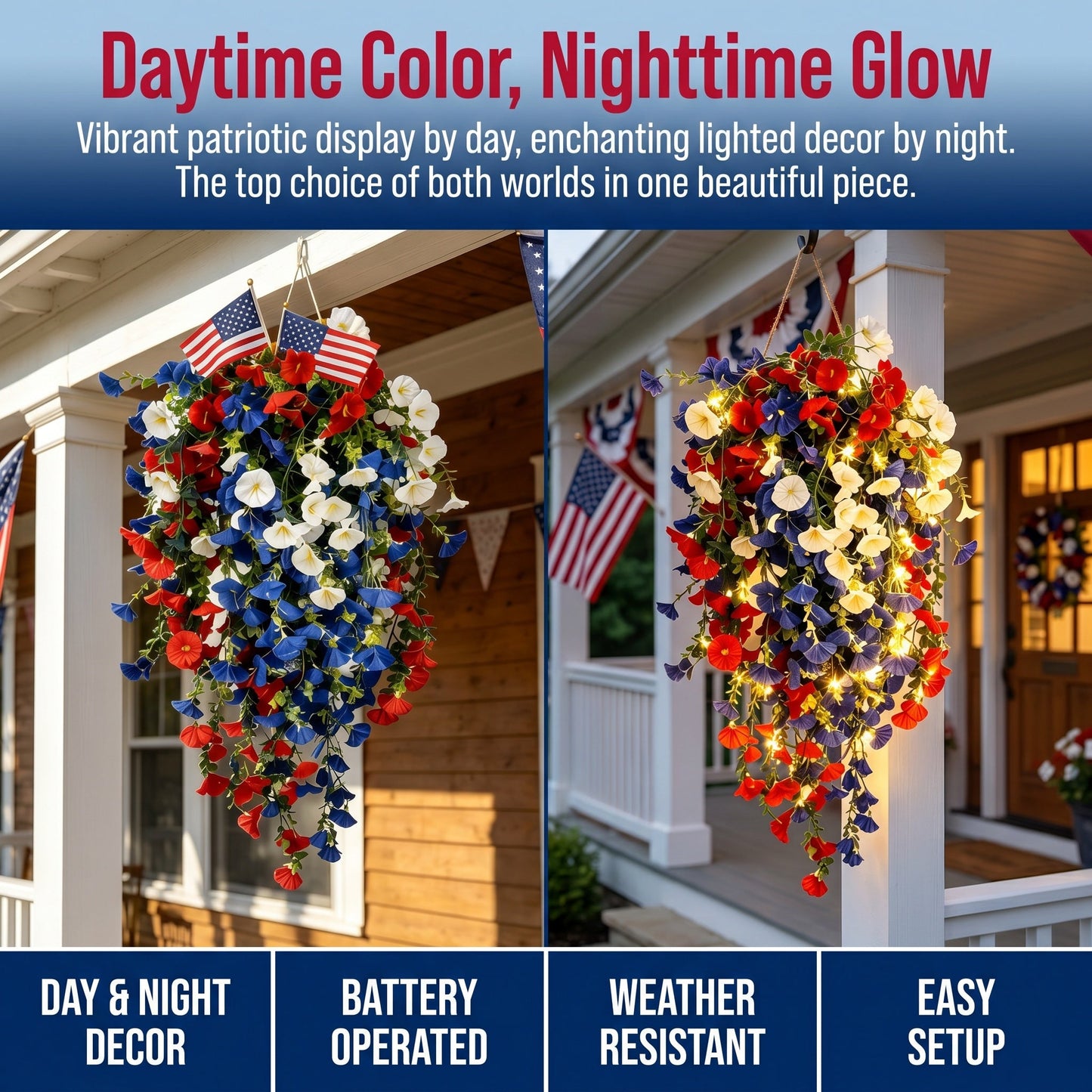 4th of July Decoration Tricolor Patriotic Artificial Flower with 3M LED light string.warm light Color.Button Remote Control