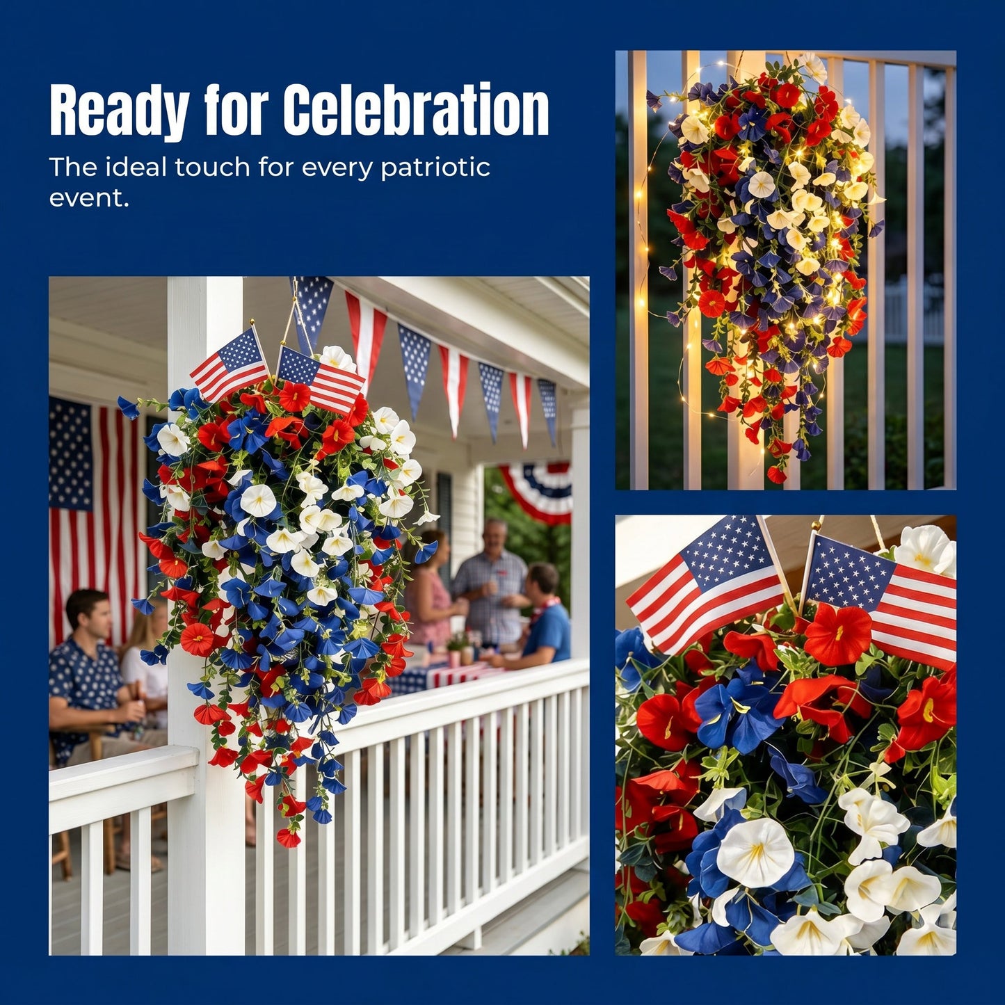 4th of July Decoration Tricolor Patriotic Artificial Flower with 3M LED light string.warm light Color.Button Remote Control