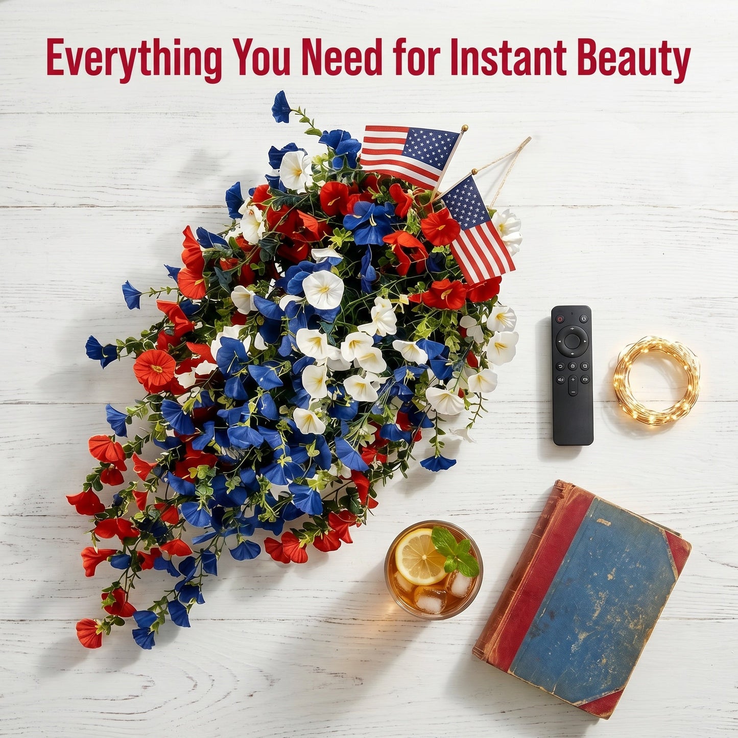 4th of July Decoration Tricolor Patriotic Artificial Flower with 3M LED light string.warm light Color.Button Remote Control