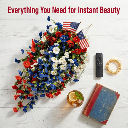 4th of July Decoration Tricolor Patriotic Artificial Flower with 3M LED light string.warm light Color.Button Remote Control