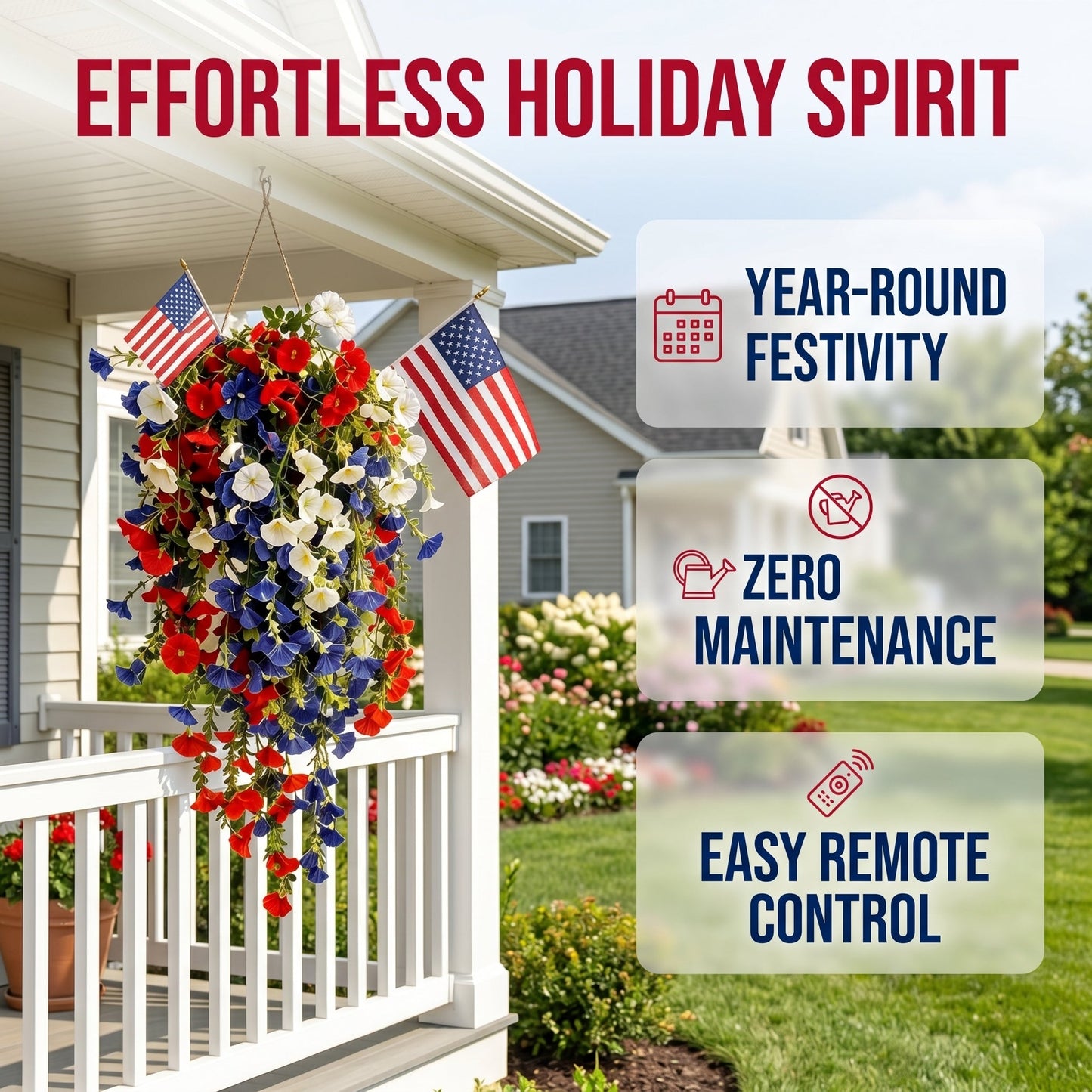 4th of July Decoration Tricolor Patriotic Artificial Flower with 3M LED light string.warm light Color.Button Remote Control