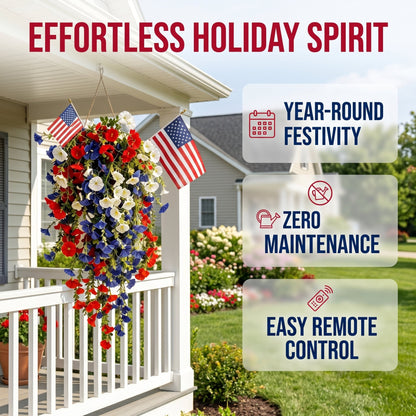 4th of July Decoration Tricolor Patriotic Artificial Flower with 3M LED light string.warm light Color.Button Remote Control
