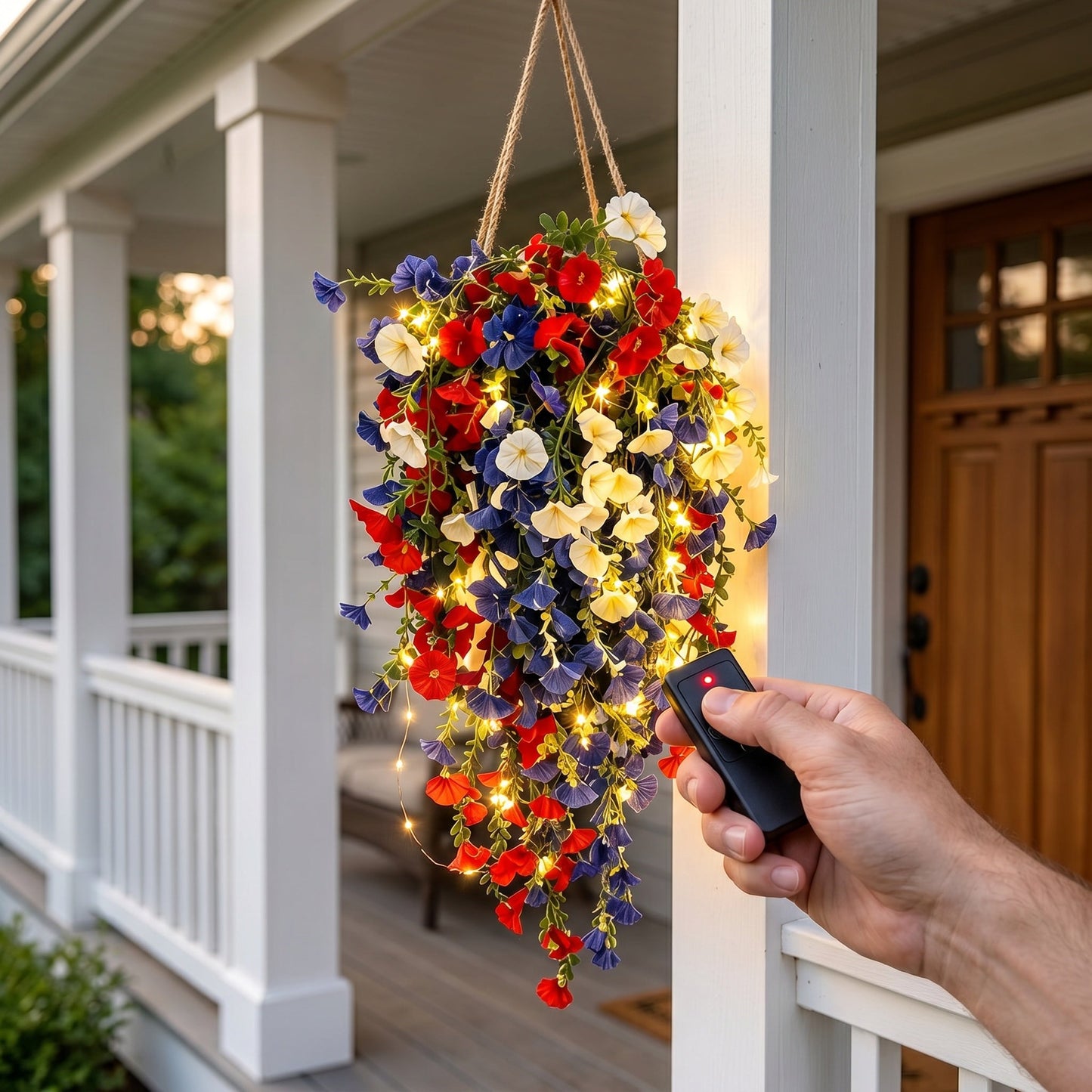 4th of July Decoration Tricolor Patriotic Artificial Flower with 3M LED light string.warm light Color.Button Remote Control