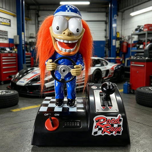 🏁Vintage Gemmy Road Rage Racer Toy | Animated Figure with Light & Sound | Gear-Activated Movement | Orange Hair & Suit