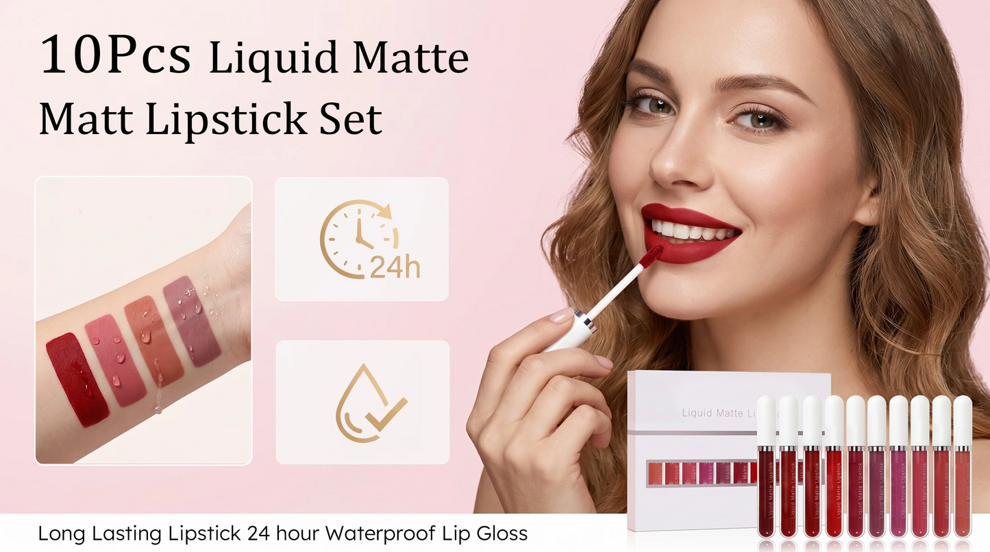 2026 Hot 49% OFF💖10Pcs Liquid Matte Matt Lipstick Set. Long Lasting Lipstick 24 hour Waterproof Lip Gloss
